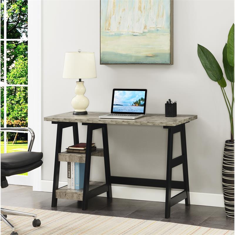 Pemberly Row Trestle Desk with Shelves in Gray Faux Birch Wood Finish