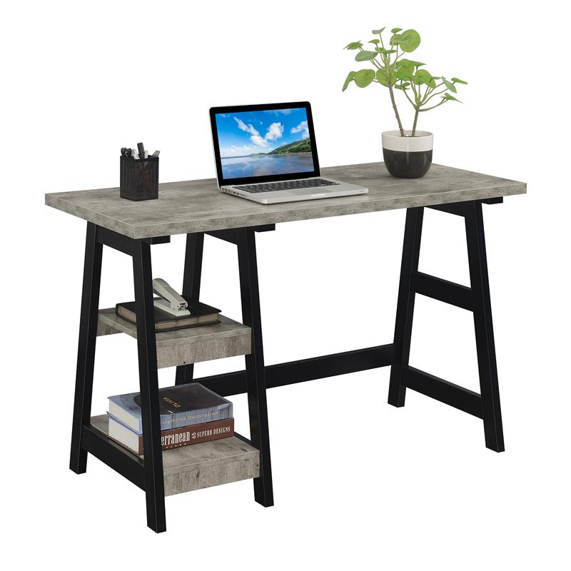 Pemberly Row Trestle Desk with Shelves in Gray Faux Birch Wood Finish