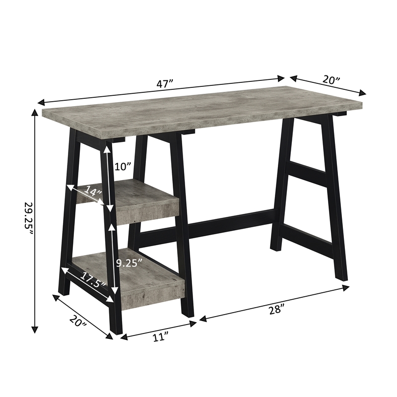 Pemberly Row Trestle Desk with Shelves in Gray Faux Birch Wood Finish