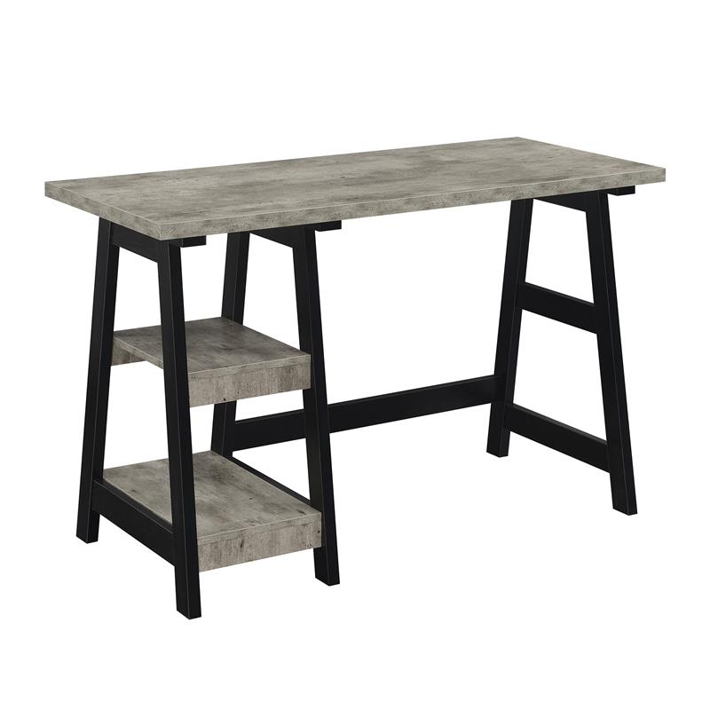 Pemberly Row Trestle Desk with Shelves in Gray Faux Birch Wood Finish