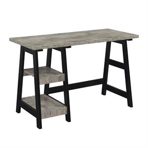 Pemberly Row Trestle Desk with Shelves in Gray Faux Birch Wood Finish