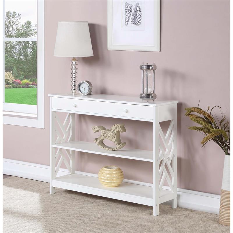 Pemberly Row One-Drawer Console Table with Shelves in White Wood
