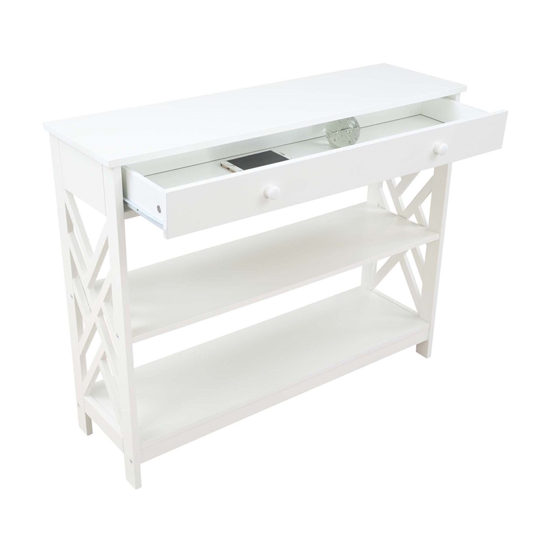 Pemberly Row One-Drawer Console Table with Shelves in White Wood