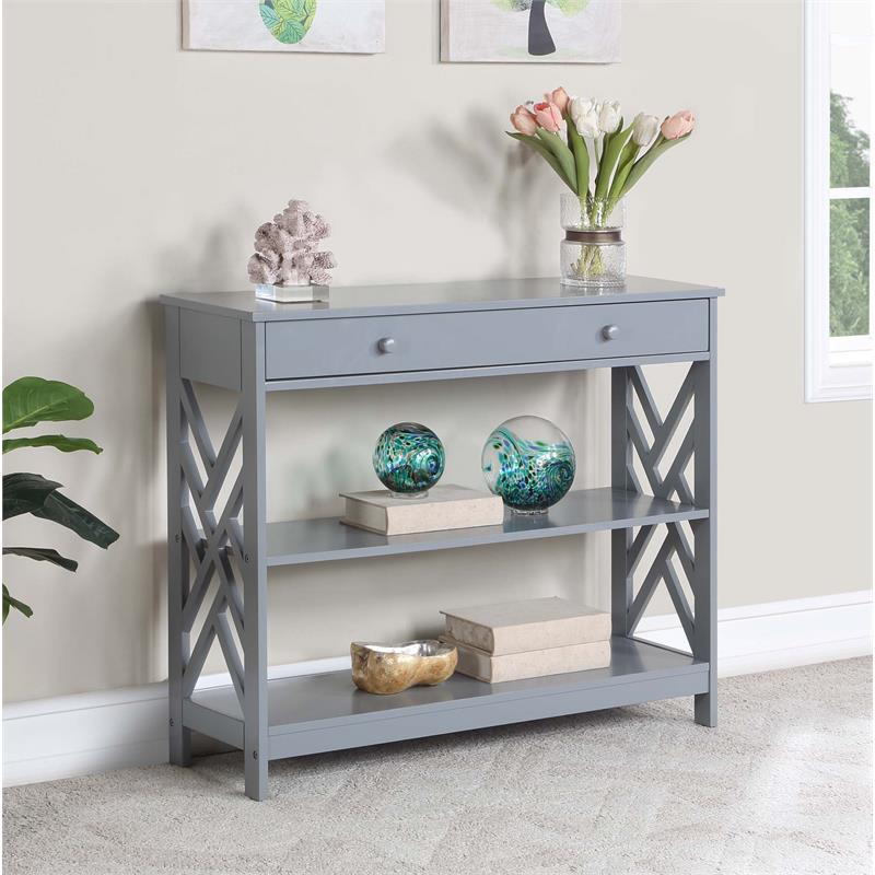 Pemberly Row One-Drawer Console Table with Shelves in Gray Wood
