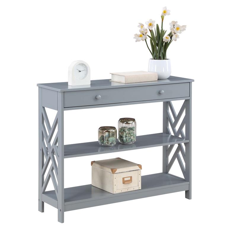 Pemberly Row One-Drawer Console Table with Shelves in Gray Wood