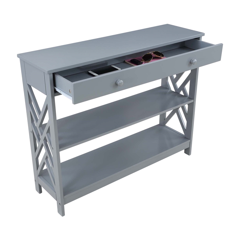 Pemberly Row One-Drawer Console Table with Shelves in Gray Wood