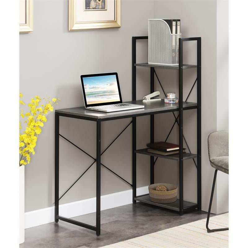 Pemberly Row Modern Office Workstation with Shelves in Gray Wood