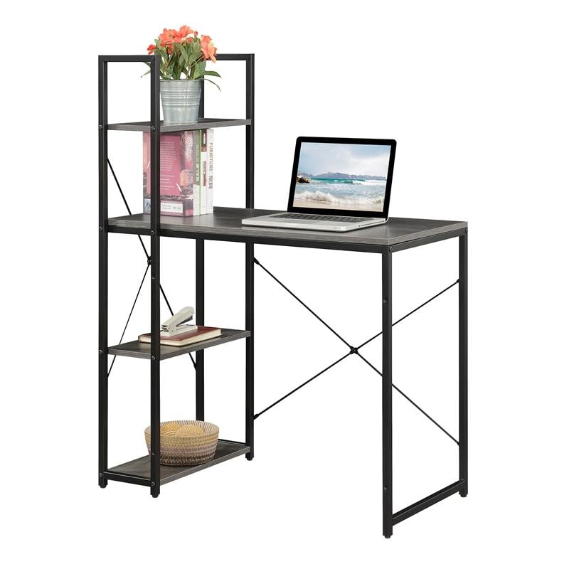 Pemberly Row Modern Office Workstation with Shelves in Gray Wood