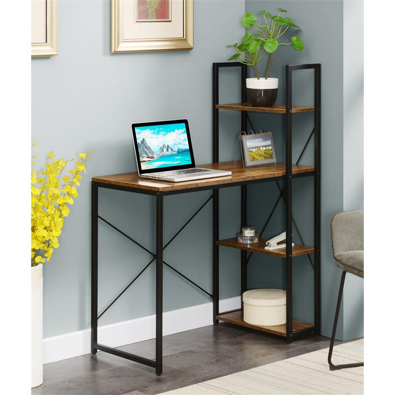 Pemberly Row Modern Office Workstation with Shelves in Nutmeg Wood