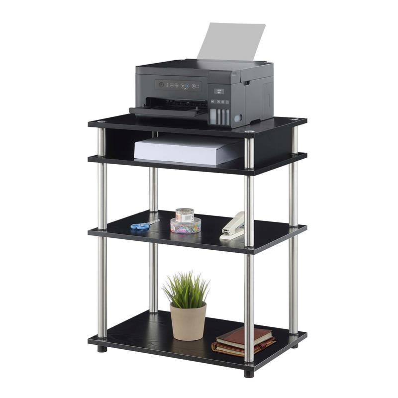 Pemberly Row No-Tools Printer Stand with Shelves in Black Wood Finish