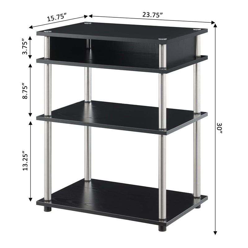 Pemberly Row No-Tools Printer Stand with Shelves in Black Wood Finish