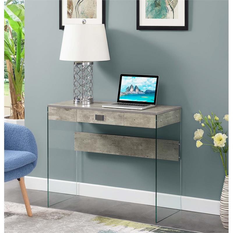 Pemberly Row One-Drawer Glass 36-inch Desk in Gray Wood Finish