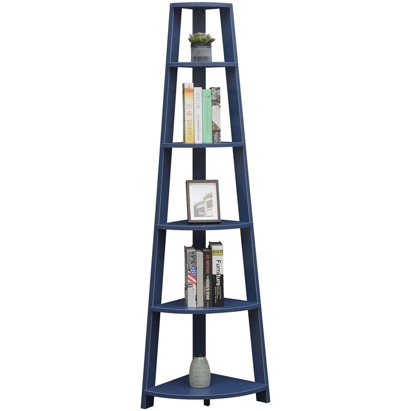 Pemberly Row Contemporary 5-Tier Corner Bookshelf in Blue Wood