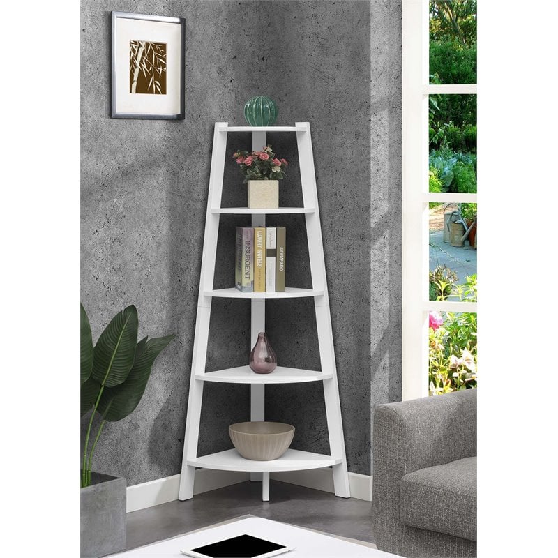 Pemberly Row Modern 5-Tier Wide Corner Bookcase in White Wood