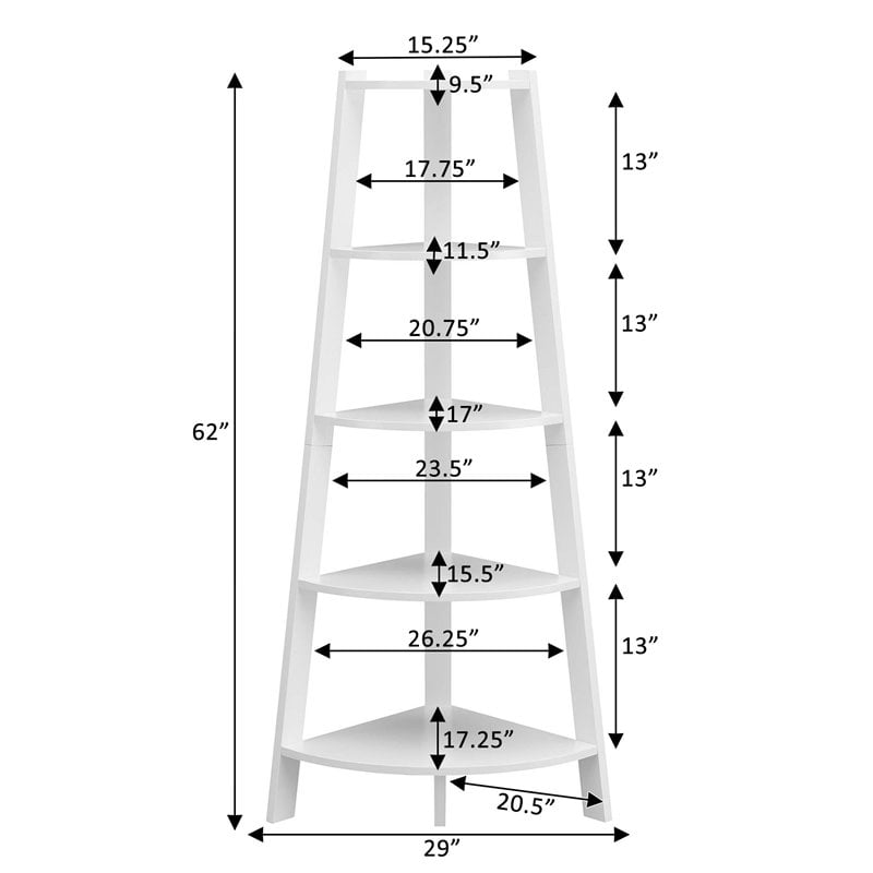 Pemberly Row Modern 5-Tier Wide Corner Bookcase in White Wood