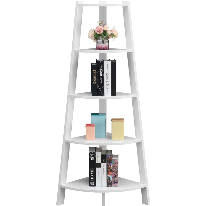 Pemberly Row Modern 5-Tier Wide Corner Bookcase in White Wood
