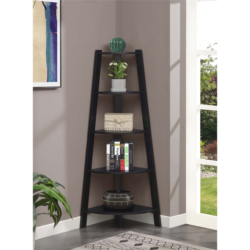 Pemberly Row Modern 5-Tier Wide Corner Bookcase in Black Wood
