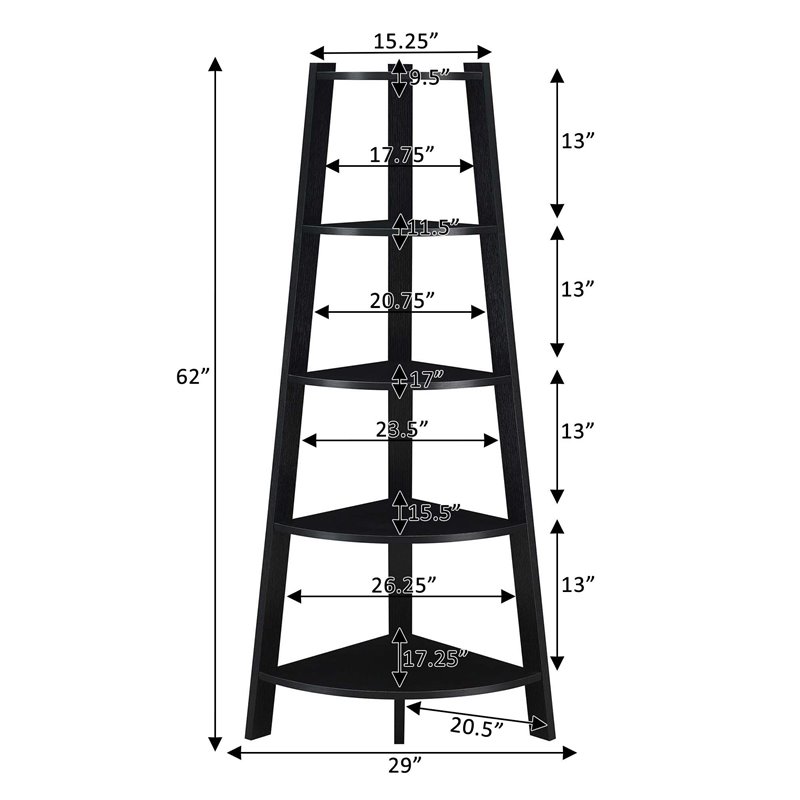 Pemberly Row Modern 5-Tier Wide Corner Bookcase in Black Wood