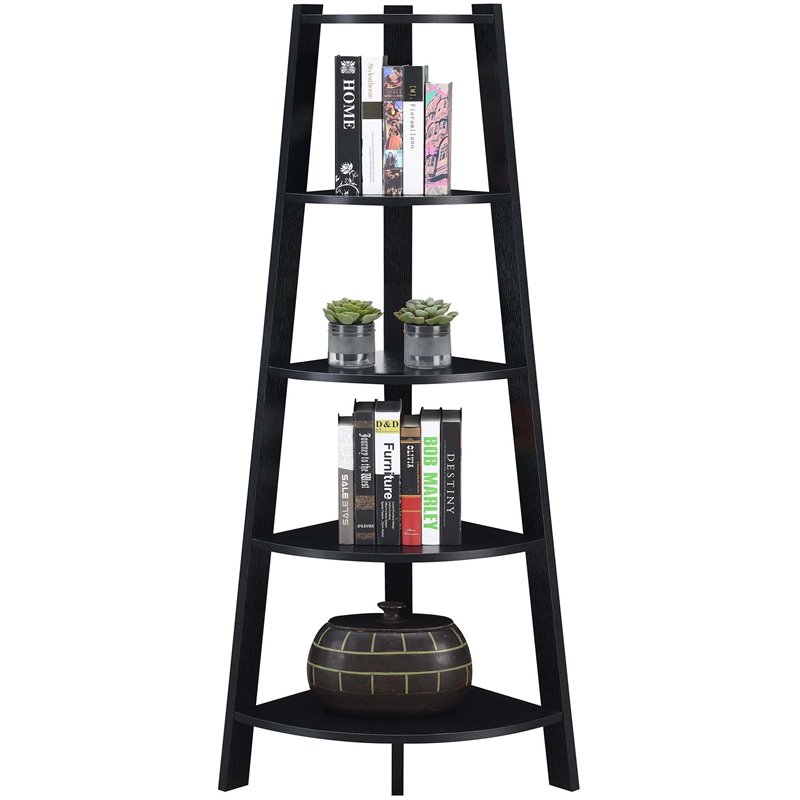 Pemberly Row Modern 5-Tier Wide Corner Bookcase in Black Wood