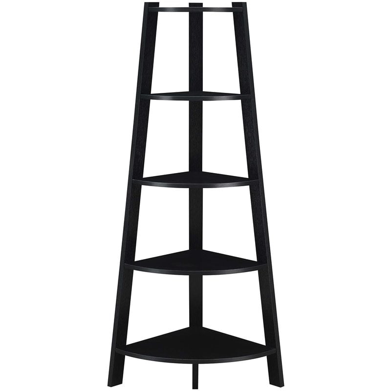 Pemberly Row Modern 5-Tier Wide Corner Bookcase in Black Wood