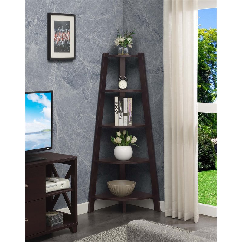 Pemberly Row Modern 5-Tier Wide Corner Bookcase in Espresso Wood