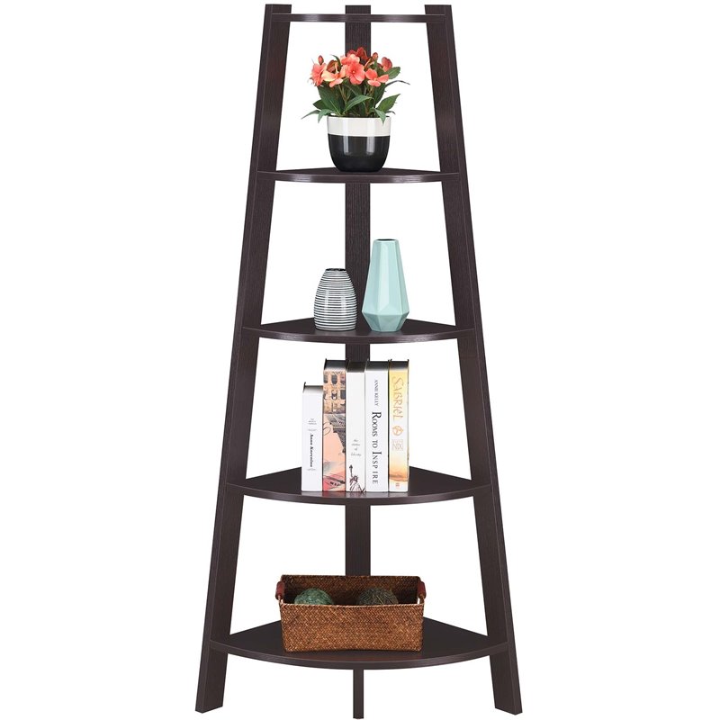 Pemberly Row Modern 5-Tier Wide Corner Bookcase in Espresso Wood