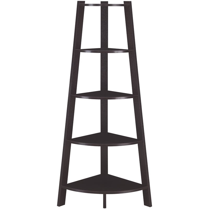 Pemberly Row Modern 5-Tier Wide Corner Bookcase in Espresso Wood