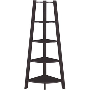 Pemberly Row Modern 5-Tier Wide Corner Bookcase in Espresso Wood