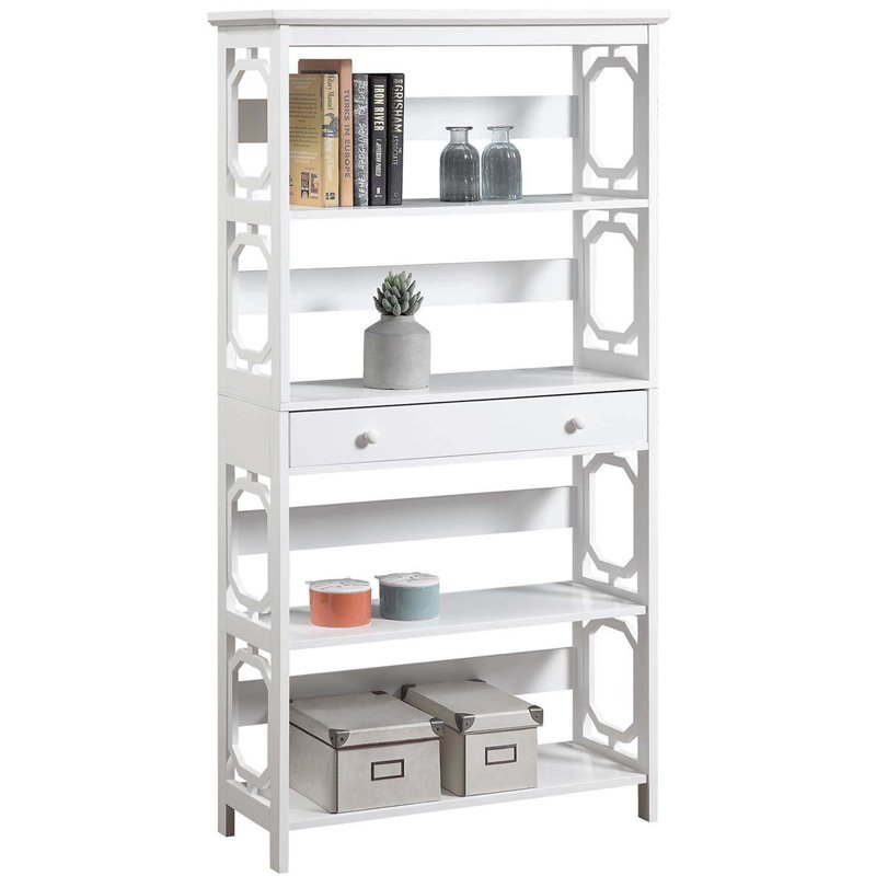 Pemberly Row Modern 5-Tier Bookcase with Drawer in White Wood