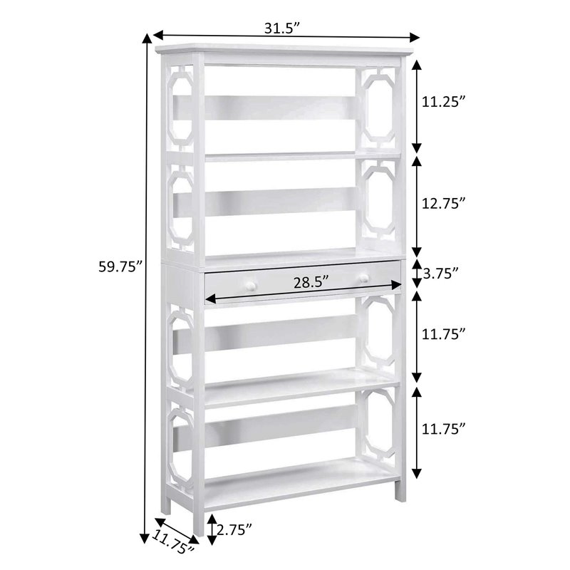 Pemberly Row Modern 5-Tier Bookcase with Drawer in White Wood