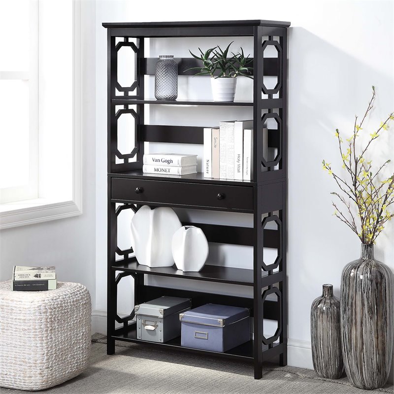 Pemberly Row Modern 5-Tier Bookcase with Drawer in Espresso Wood