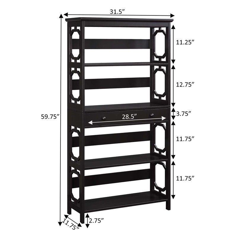 Pemberly Row Modern 5-Tier Bookcase with Drawer in Espresso Wood