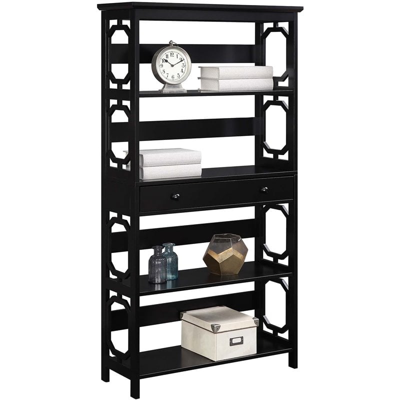 Pemberly Row Modern 5-Tier Bookcase with Drawer in Black Wood
