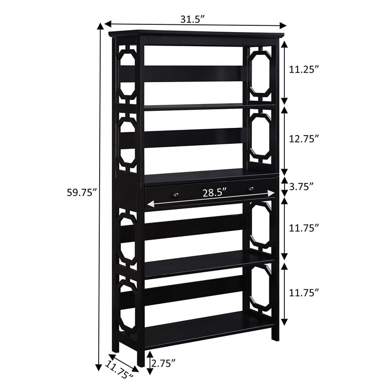 Pemberly Row Modern 5-Tier Bookcase with Drawer in Black Wood