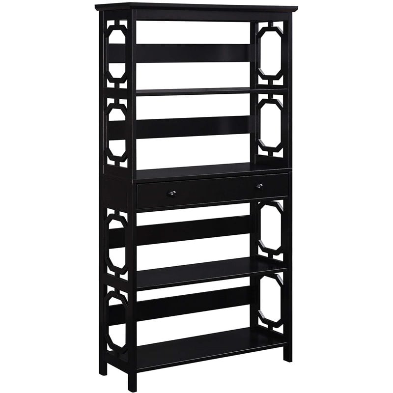 Pemberly Row Modern 5-Tier Bookcase with Drawer in Black Wood