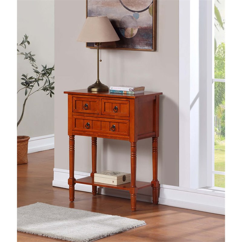 Pemberly Row Three-Drawer Hall Table with Shelf in Cherry Wood