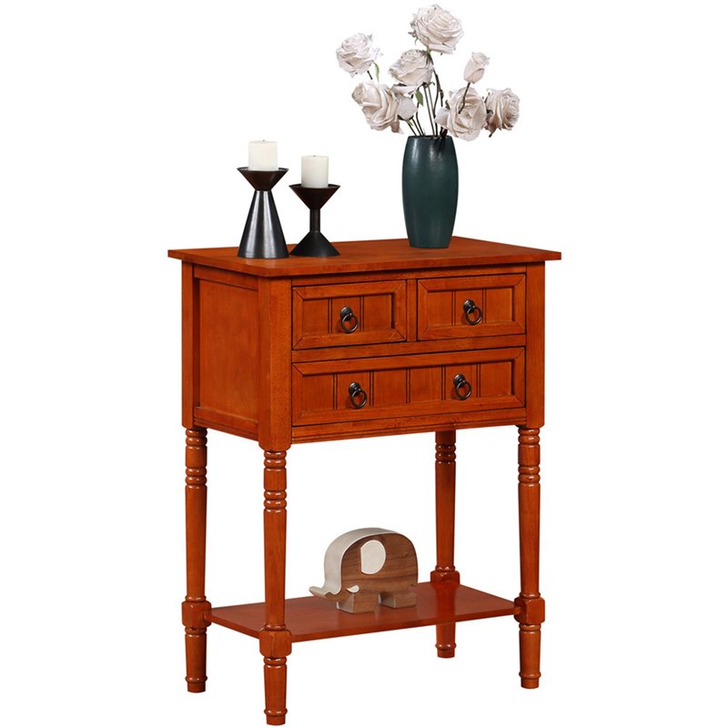 Pemberly Row Three-Drawer Hall Table with Shelf in Cherry Wood