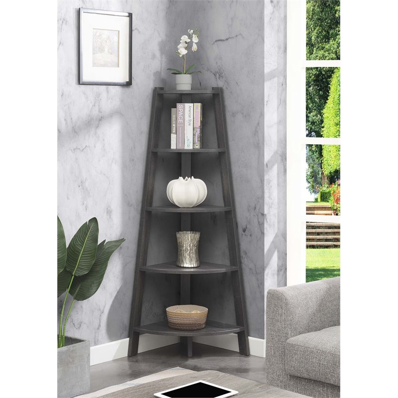 Pemberly Row Modern 5-Tier Wide Corner Bookcase in Gray Wood