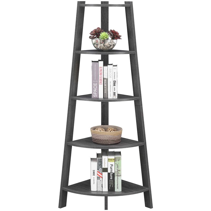 Pemberly Row Modern 5-Tier Wide Corner Bookcase in Gray Wood