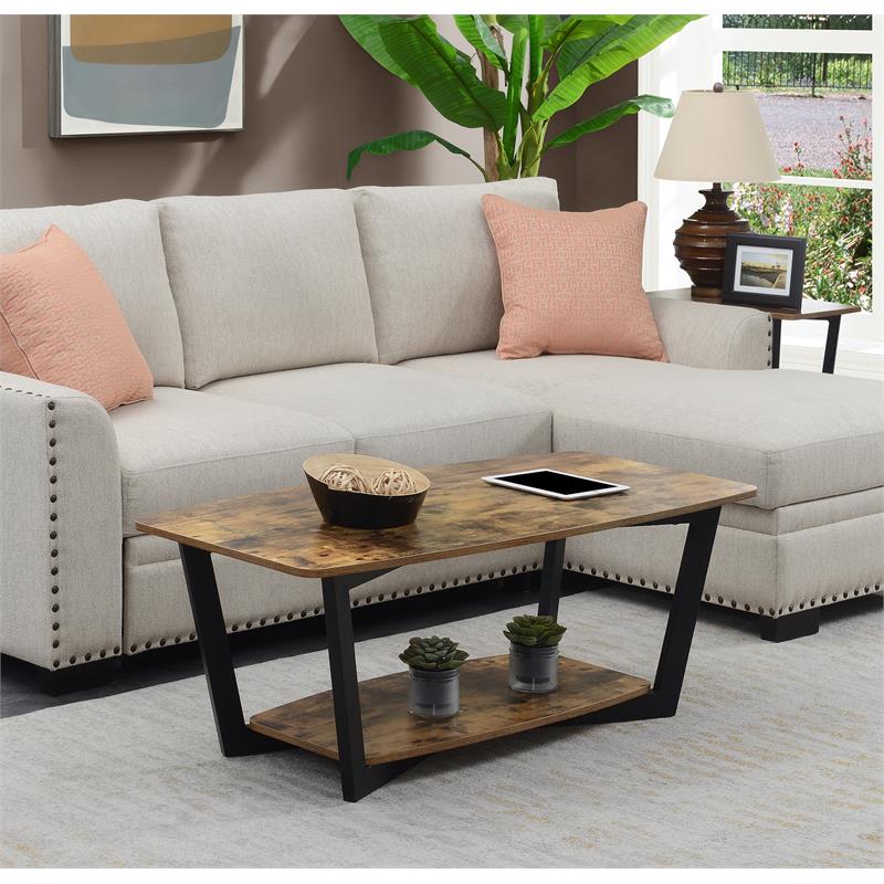 Pemberly Row Modern Coffee Table with Shelf in Nutmeg Wood Finish