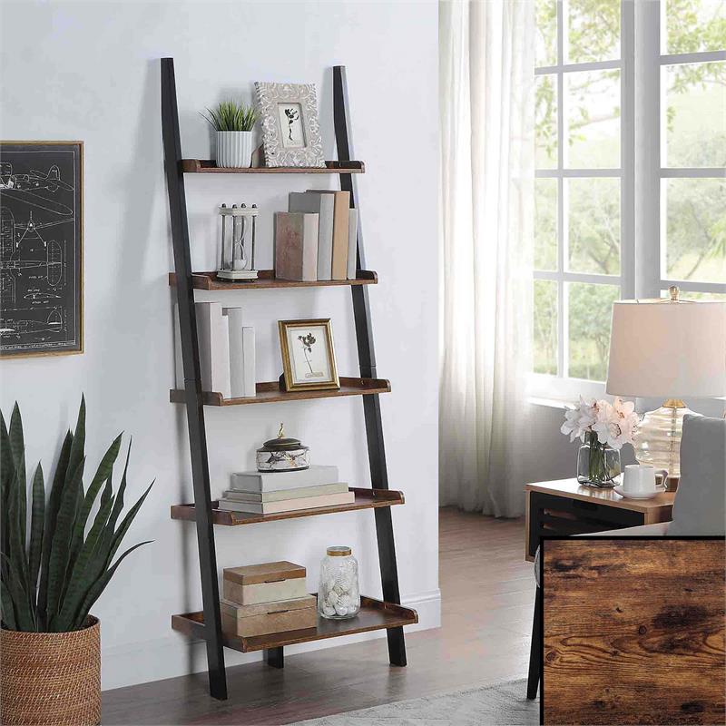 Pemberly Row Contemporary Bookshelf Ladder in Nutmeg Wood Finish