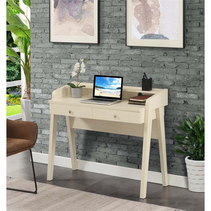 Pemberly Row Deluxe Two-Drawer Desk with Shelf in Ivory Wood Finish
