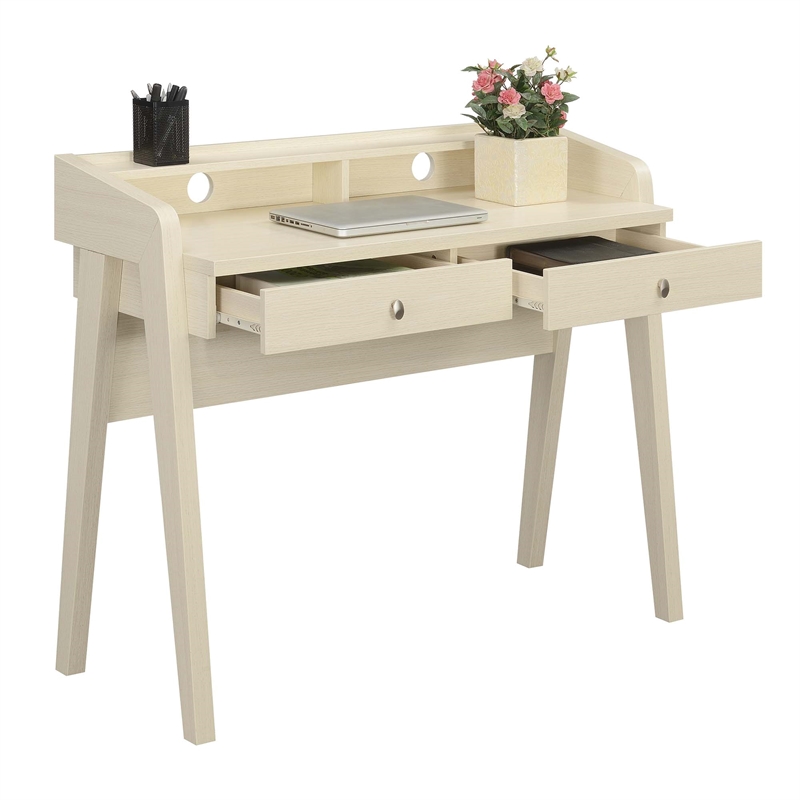 Pemberly Row Deluxe Two-Drawer Desk with Shelf in Ivory Wood Finish