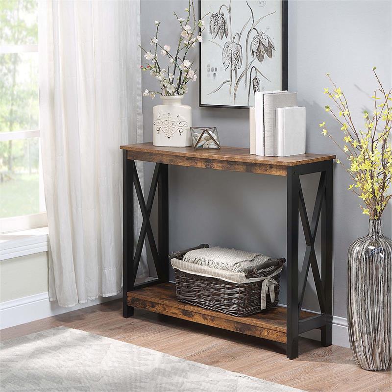 Pemberly Row Modern Console Table with Shelf in Nutmeg Wood Finish