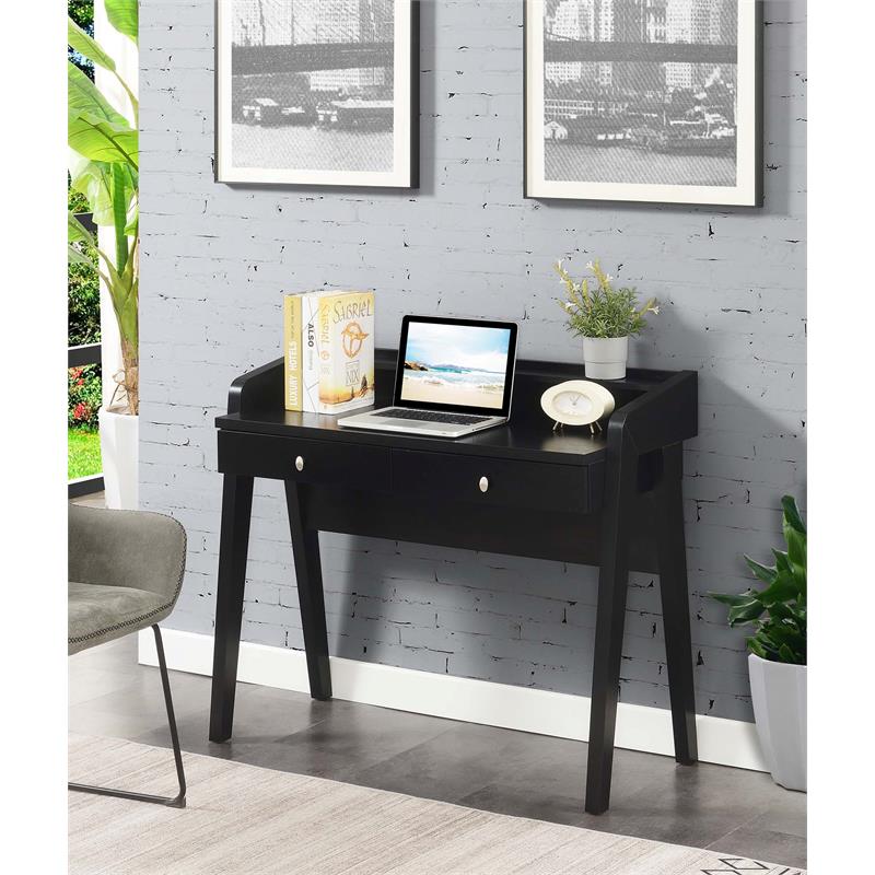 Pemberly Row Deluxe Two-Drawer Desk with Shelf in Black Wood Finish