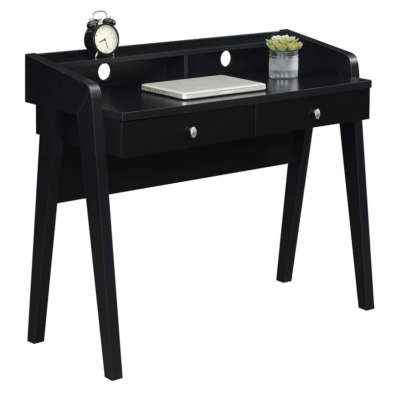Pemberly Row Deluxe Two-Drawer Desk with Shelf in Black Wood Finish