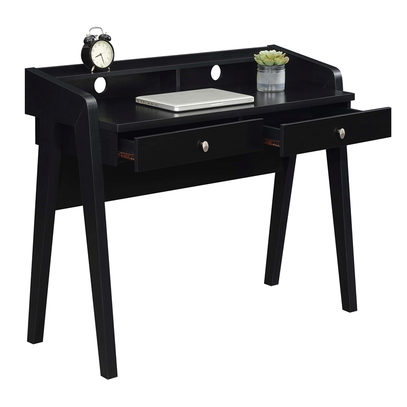 Pemberly Row Deluxe Two-Drawer Desk with Shelf in Black Wood Finish