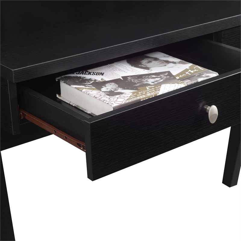 Pemberly Row Deluxe Two-Drawer Desk with Shelf in Black Wood Finish