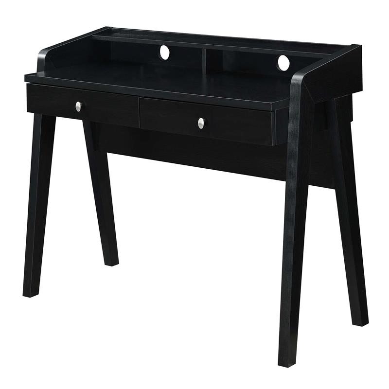 Pemberly Row Deluxe Two-Drawer Desk with Shelf in Black Wood Finish