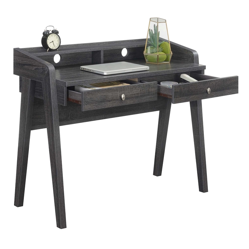 Pemberly Row Deluxe Two-Drawer Desk with Shelf in Gray Wood Finish